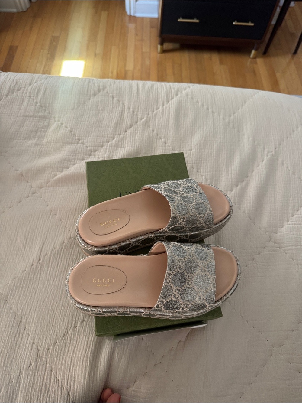 Gucci Light Denim GG Canvas Slide Mules with Pink Insole